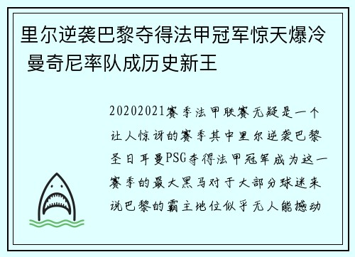里尔逆袭巴黎夺得法甲冠军惊天爆冷 曼奇尼率队成历史新王