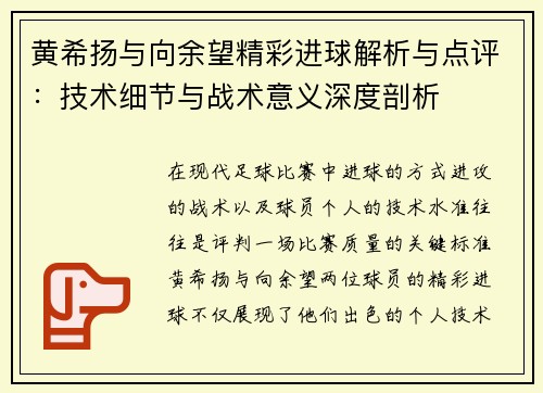 黄希扬与向余望精彩进球解析与点评：技术细节与战术意义深度剖析